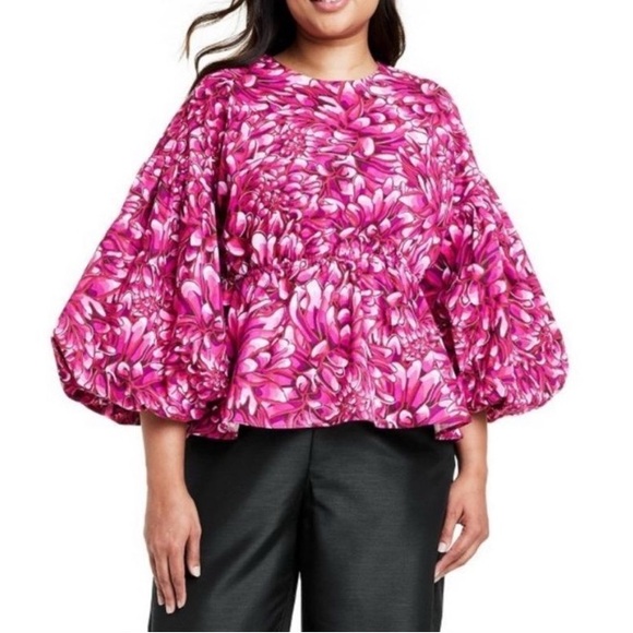 Kika Vargas x Target Pink Mum Floral Scallop Back Peplum Blouse Size 1X - Picture 3 of 14